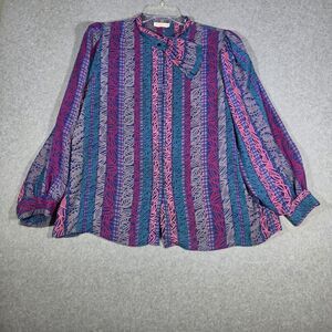 Vintage 80s Act I Originals Pussybow Blouse Magenta Teal Stripe Leaf Secretary